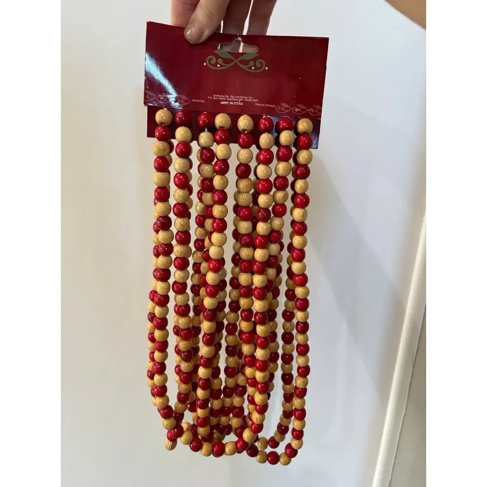 Wooden Bead Christmas Garland 18 Ft Red Natural Wood Beads Rustic Holiday Decor